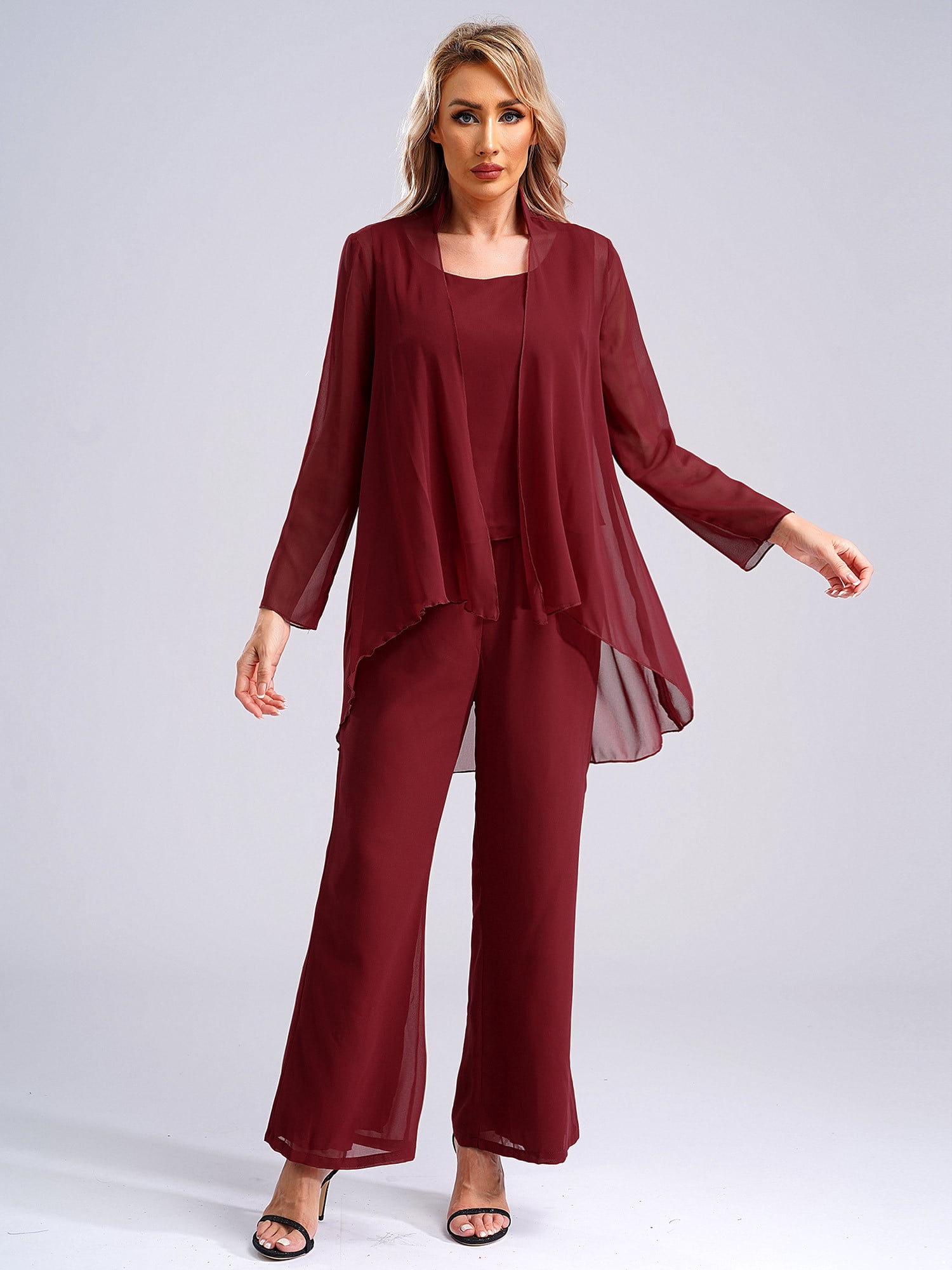 plus size burgundy dress pants LiiYii Women 3 Piece Chiffon Pant Suits Mother of The Bride Outfits Wedding Guest Suits Evening Party Gowns Burgundy-B 3XL The wide leg style Size  US10 All dresses need some Size:L | in stock