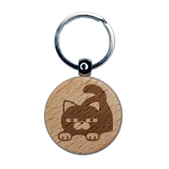 Round Cat Stretching Round Keychain Charm Tag - Engraved Wood