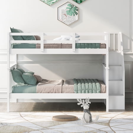Stairway Solid Wood Full-Over-Full Bunk Bed with Storage and Guard Rail for Toddler Kids Teens