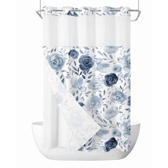 No Hook Shower Curtain with Snap in Liner Vintage Flowers Shower Curtain -Fabric Waterproof Inner Liner, Light Blue Flowers Leaf Decoration Shower Curtains Washable 36"x72"