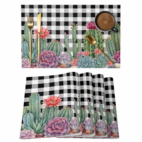 Cactus Tropical Watercolor Placemats Set of 4 Black Buffalo Plaid Summer Place Mats Indoor Wipeable Table Mats Washable Cloth Dining Table Placemats for Kitchen Holiday Party Home Decor 13x19 Inch
