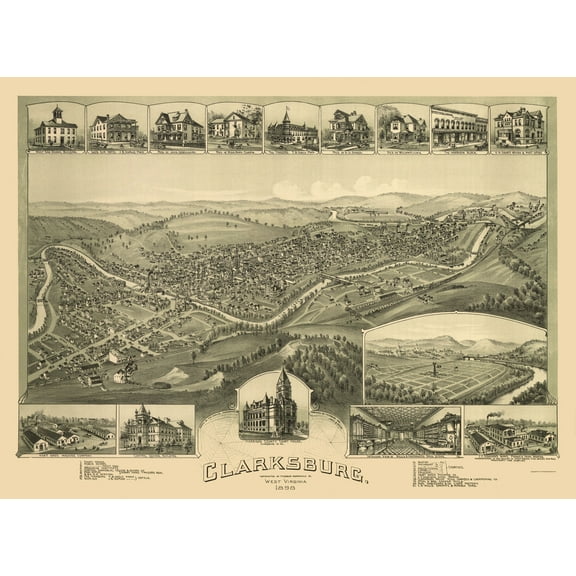 Historic Panoramic View - Clarksburg West Virginia - Fowler 1898 - Vintage Wall Art