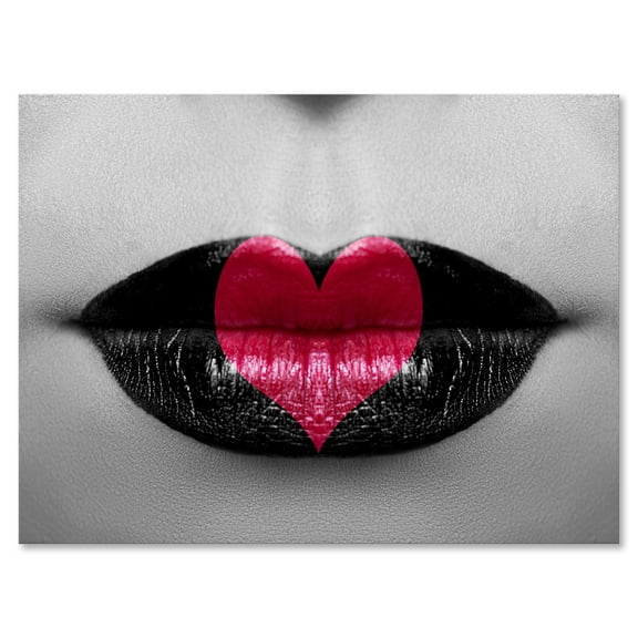 Designart ' Red Heart In Monochrome Lips ' Modern Canvas Wall Art Print