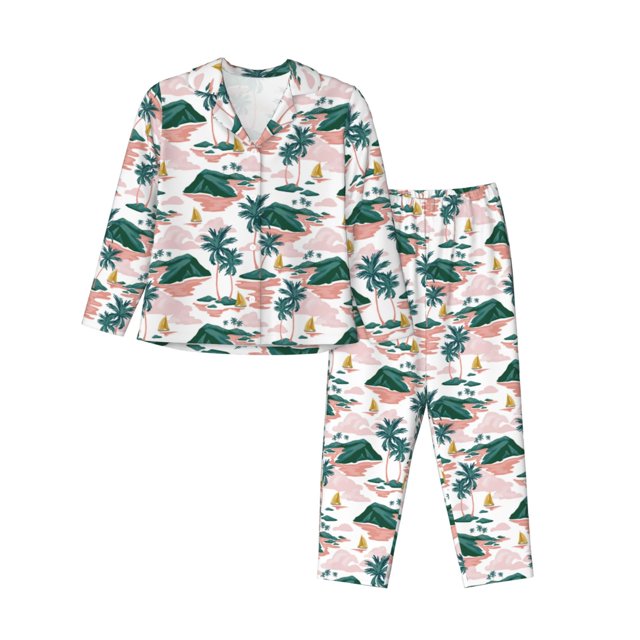 Balery Hawaii Palms Conjunto de Pijama con Estampado para Mujer, Conjunto de Dos Piezas con Manga Larga, Ropa de Dormir Suave con Bolsillos, Pijamas Cómodos-Medium