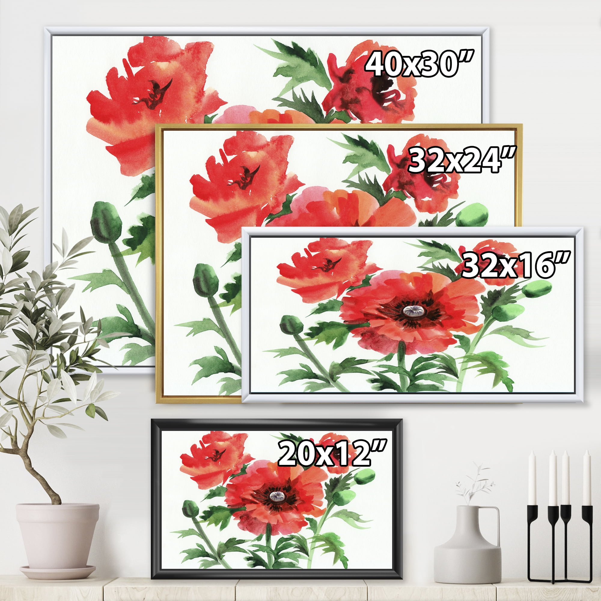 Designart 'Ancient Red Poppies II' Traditional Framed Canvas Wall Art Print