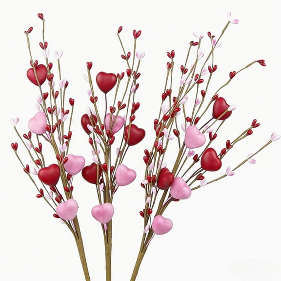 Artificial Heart Flowers Berry Stems Valentines Day Decorations Picks for Home Decor 3 Pcs