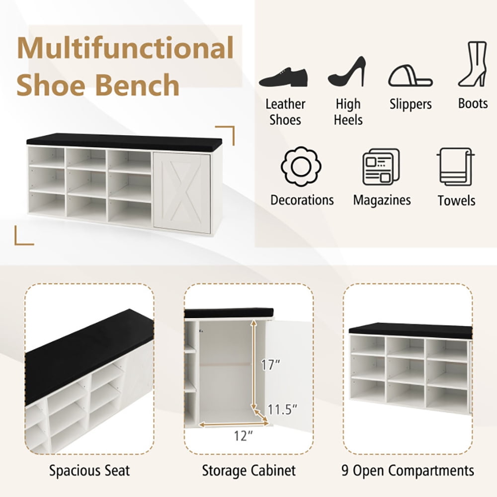 Resenkos 9-cube Shoe Bench with Adjustable Shelves and Removable Padded Cushion-White, Space-Saving Shoe Rack Organizer for Closet Entryway