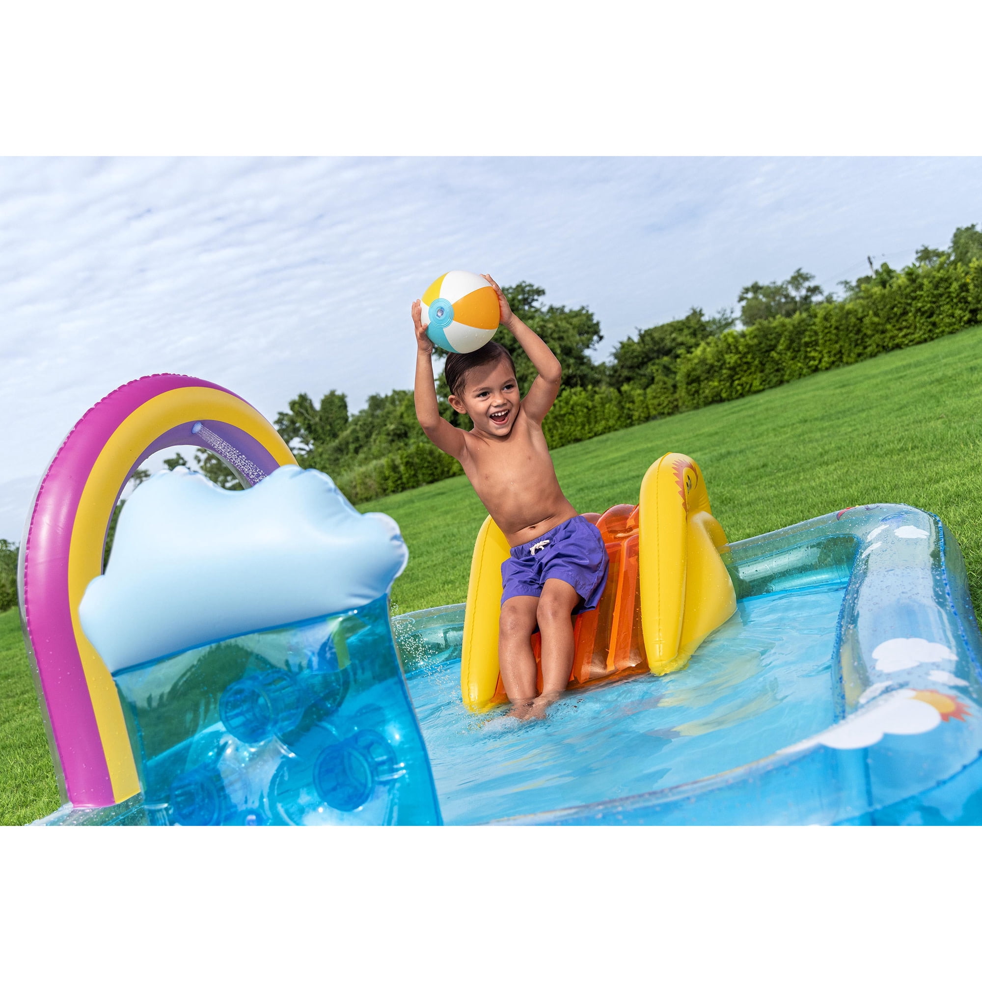 H2OGO! Inflatable Water Play Center & Pool - Rainbows ‘N Rays - 74x59x35”, Slide-Sprinkler Arch- Game Balls, Splash Wade Pool, Outdoor, Toddler-Kid 2+