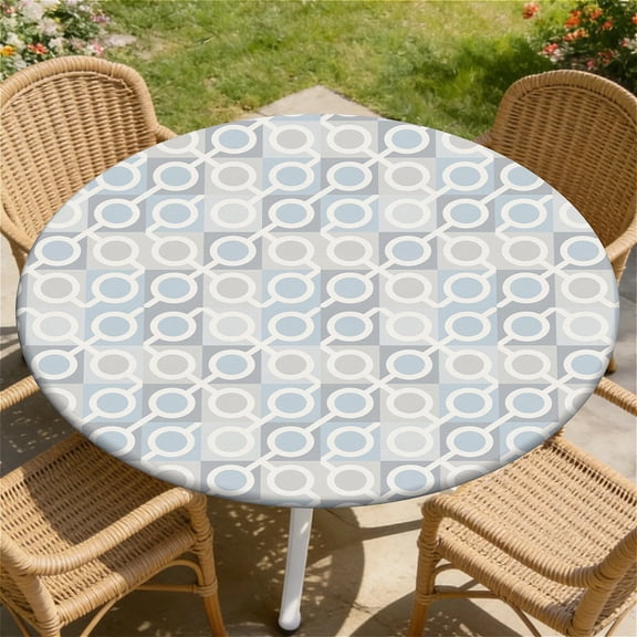 YESAD Elastic Tablecloth For Round Tables, Waterproof Tablecover For Up To 36in Round Table, Dining Tablecover For Indoor And Outdoor, Holiday, Pale-Blue-Circle-Tile