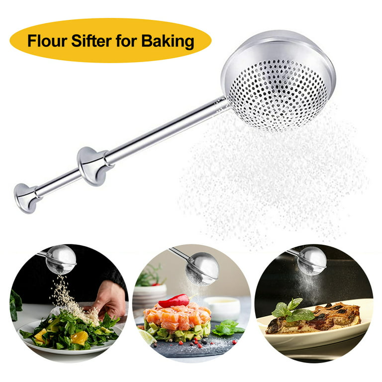 Wozhidaose Kitchen Gadgets One Face Stainless Steel Duster Strainer One Handed Operation Spring Sticks Sugar Flour Spice Baking Tool Kitchen, Black