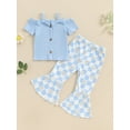 thumbnail image 2 of Suealasg Toddler Girls Clothes 1T 2T 3T 4T 5T Kids Little Girl Summer 2Pcs Outfit Short Sleeve Cold Shoulder Tops Checkerboard Daisy Print Flare Pants, 2 of 7