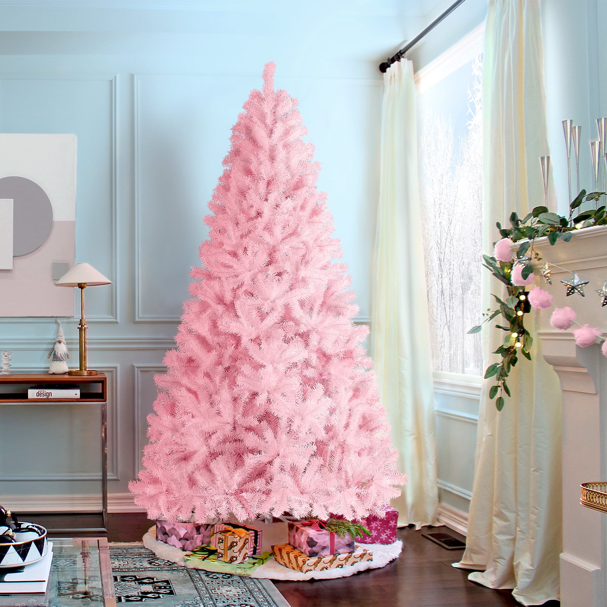Alden Design 7.5FT Pink Artificial Christmas Tree with Hinged Branches and Foldable Stand Lifelike Holiday Tree
