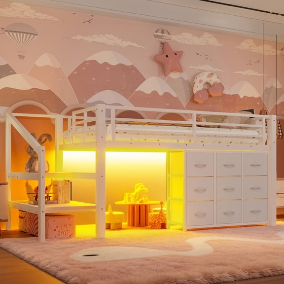 Leumius Twin Size Loft Bed with Storage Drawers and Stairs,Metal Loft Bed with Lights and Ample Under-bed Spaces,Multi-Storage Spaces,White