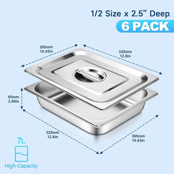 Hotel Pan with Lids 6 Pack 1/2 Size 2.5" Deep Stainless Steel Steam Table Pan