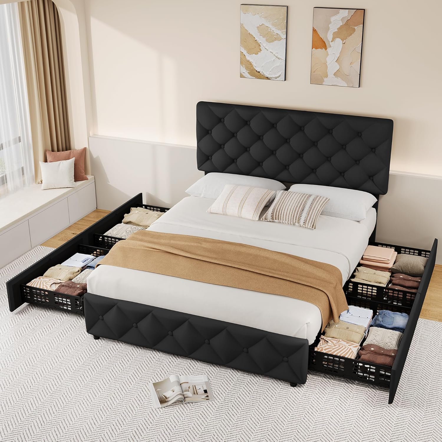 Full Bed Frame with Adjustable Headboard & 4 Storage Drawers, Button Design, No Box Spring, Noise-Free, Black
