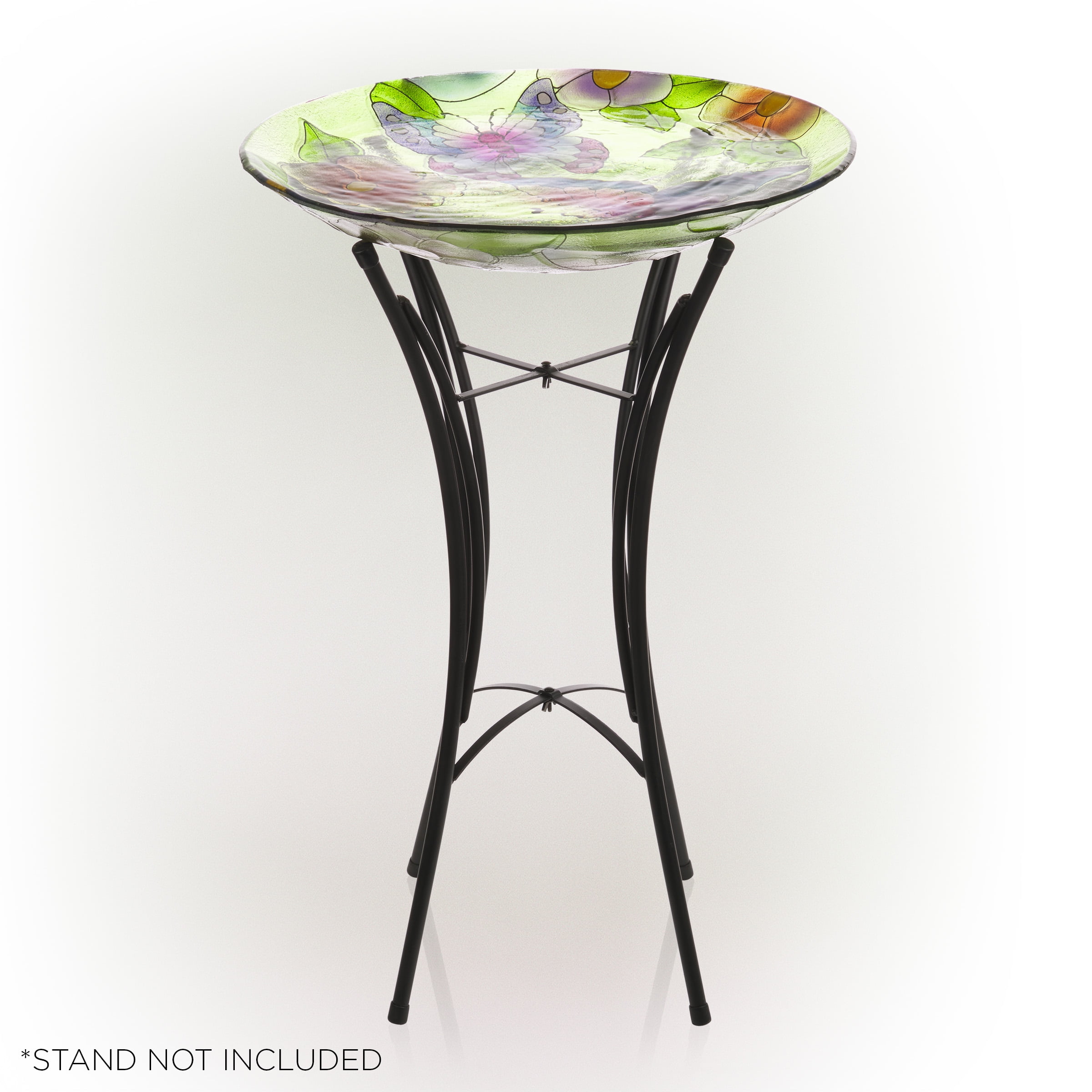 Alpine Corporation 18" Floral Butterfly Painted Glass Birdbath Bowl, Multicolor