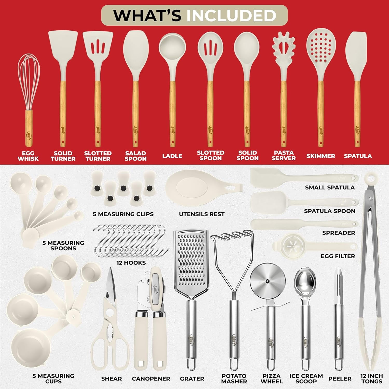 Kaluns Kitchen Utensils Set, 50 Piece Silicone And Stainless Steel Cooking Utensils, Dishwasher Safe and Heat Resistant Kitchen Tools