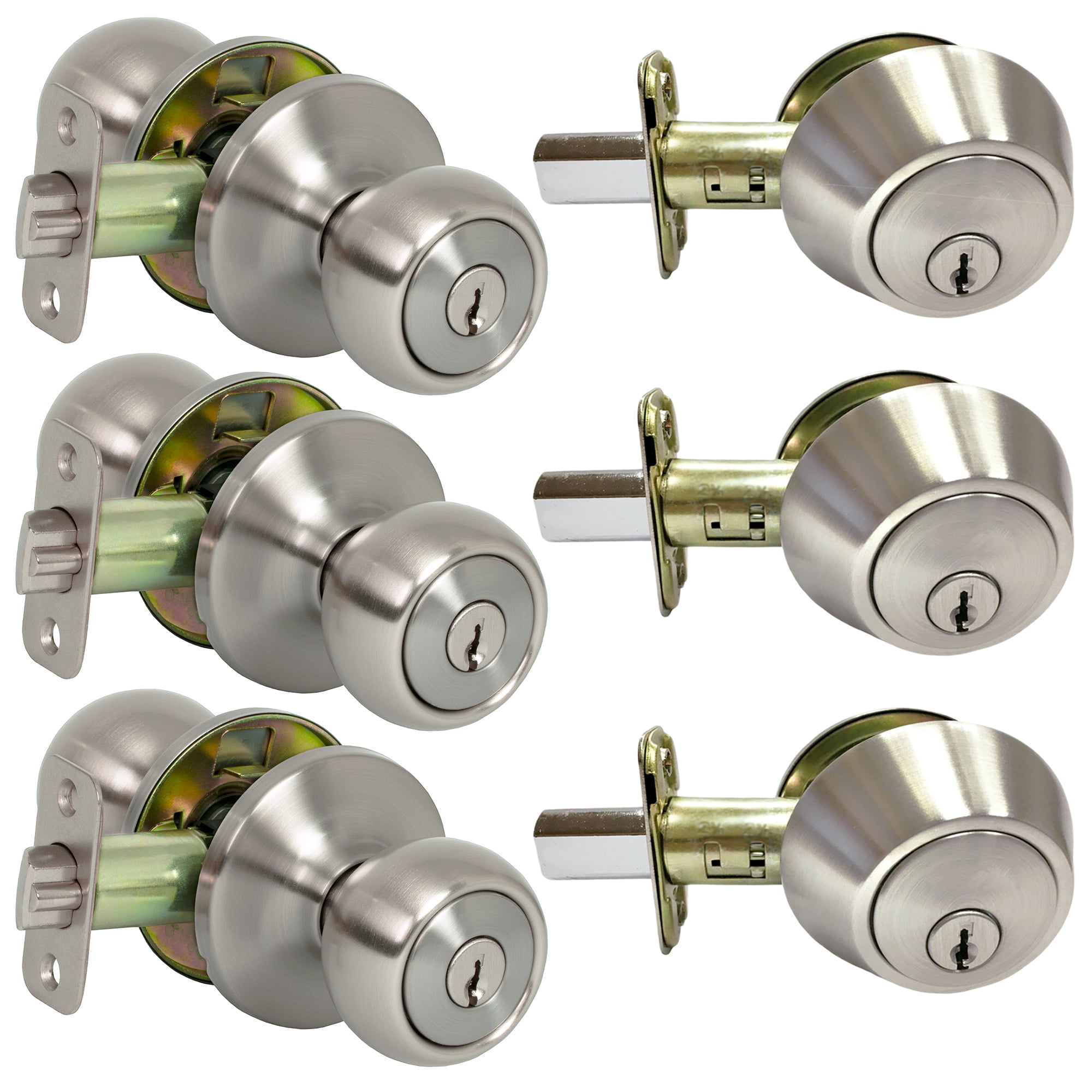 Satin Nickel Set of 3 Entry Deadbolt Door Lock sets All Locks Keyed Alike 