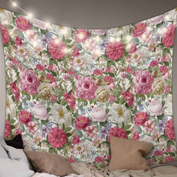 Pink Spring Floral Tapestry for Bedroom Wall Hanging Tapestry, Vintage Summer Botanical Ceiling Backdrop Tapestries Poster Blanket Wall Decor for Teens Room Living Room Dorm 59" x 79"