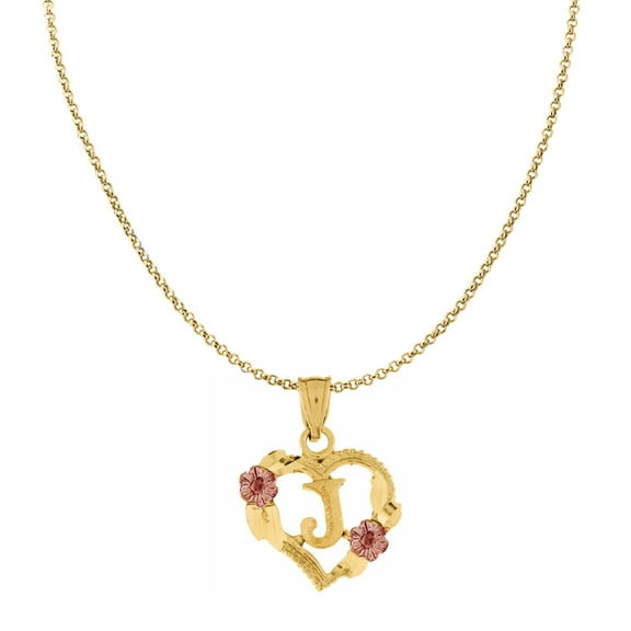 Genuine 14k Two-tone Gold 0.66" Floral Heart Initial J Pendant Necklace 16", 18", 20", 22" Trendy Charm Initial Necklaces for Women
