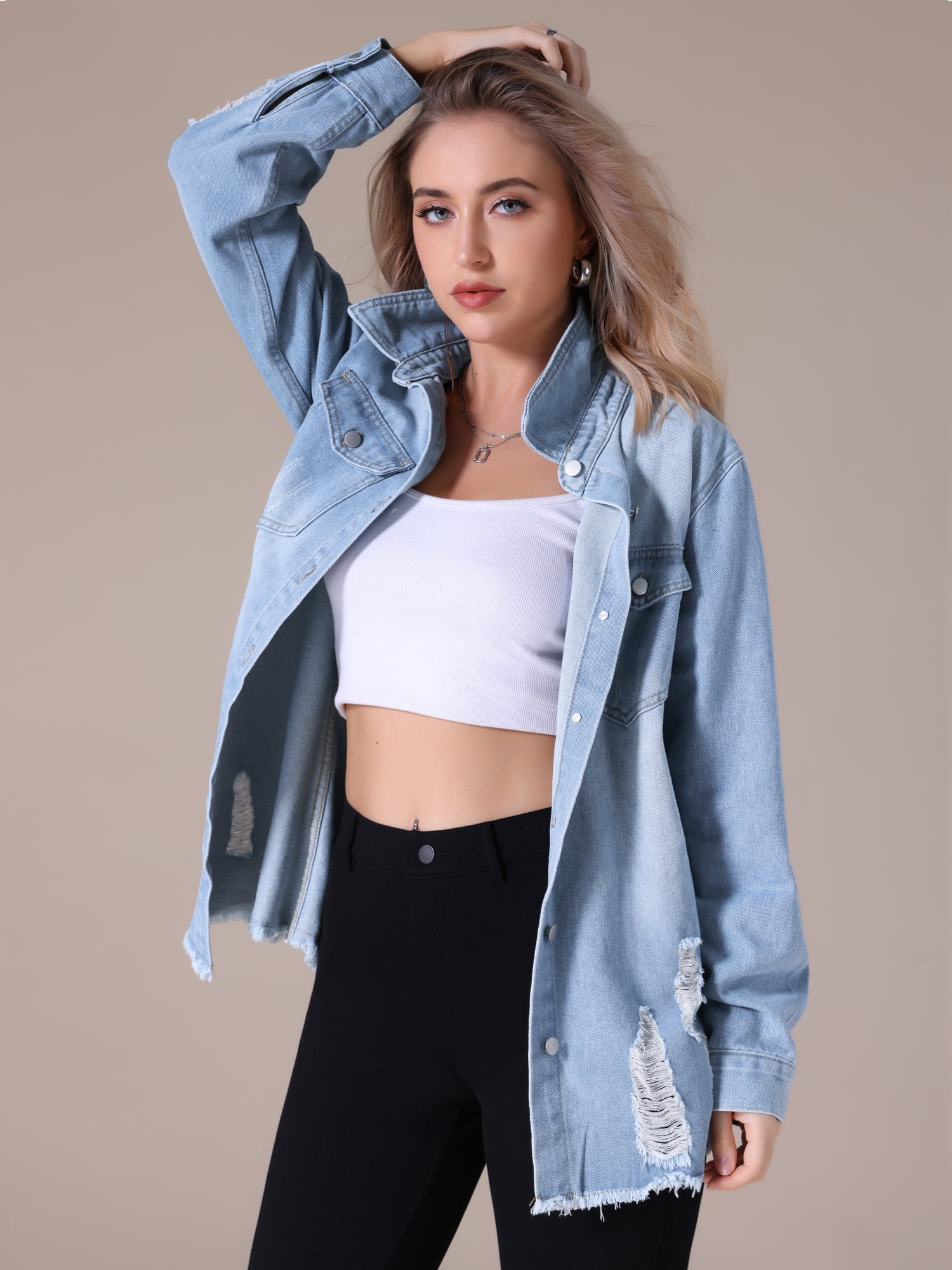 Unique Bargains Women's Frayed Hem Long Sleeve Lightweight Denim Jacket L Light Blue