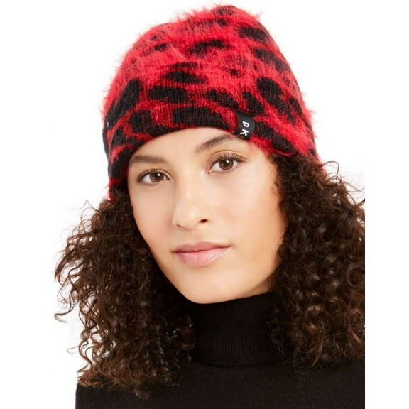 DKNY Womens Fuzzy Animal Print Beanie Red and Black DY1833