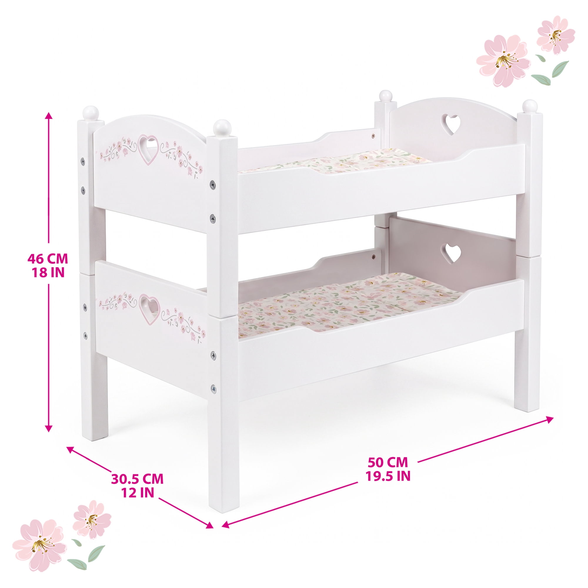 509 Crew: Petit Flora - Wooden Doll Bunk Bed - White-Pink-Flowers, Convertible to Single Beds, Blankets & Pillows, Doll Sleep Accessory Toy, Kids 3+