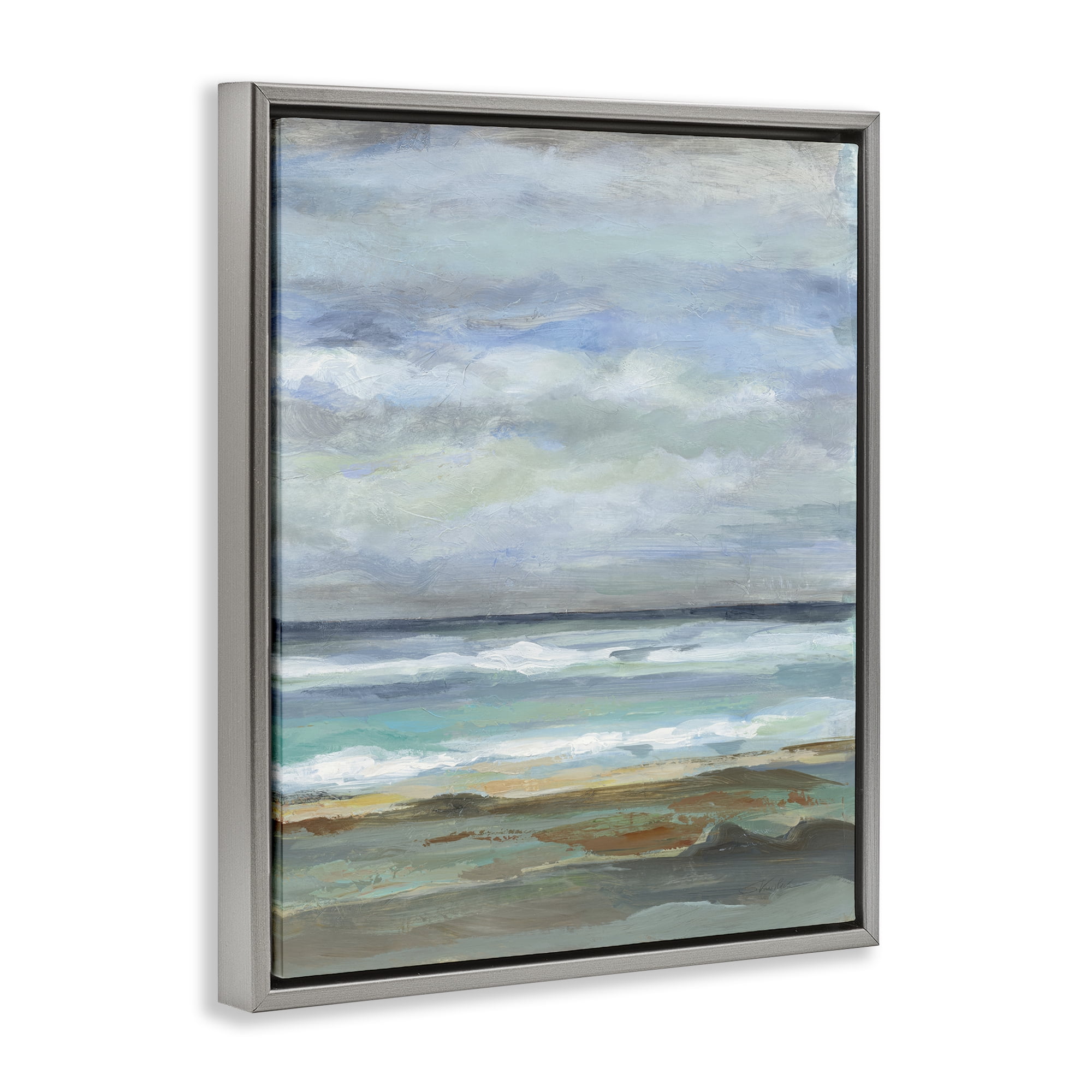 Stupell Industries Traditional Cloudy Seashore Nautical & Beach Painting Gray Floater Framed Canvas Art Print Wall Art, 25 x 31