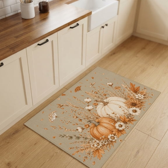 Pumpkins Fall Entryway Rug 2'x3' Non Slip Front Door Mats, Vintage Floral Thanksgiving Brown Entrance Rugs Indoor Outdoor Carpet, Washable Floor Mats Small Area Rug for Bedroom Kitchen
