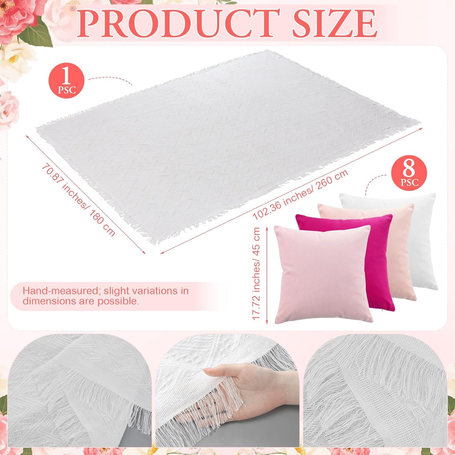 10 Pcs 71''x102'' Extra Large White Outdoor Boho Picnic Blanket with Pink Table Runner 8 Throw Pillow Cover Oversized Washable Portable Beach Blanket for Valentine Picnic Camp Lawn Wedding
