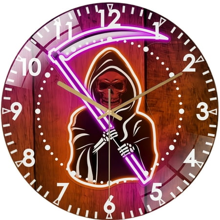 Decorative Clocks: Skull Decor Hallo-ween Glass Wall Clock– Skeleton Wall Art Grim Reaper Halloween Decor Wall Clock for Haunted House & Party Decor for Homes, Bars, Offices, Man Caves, Garages