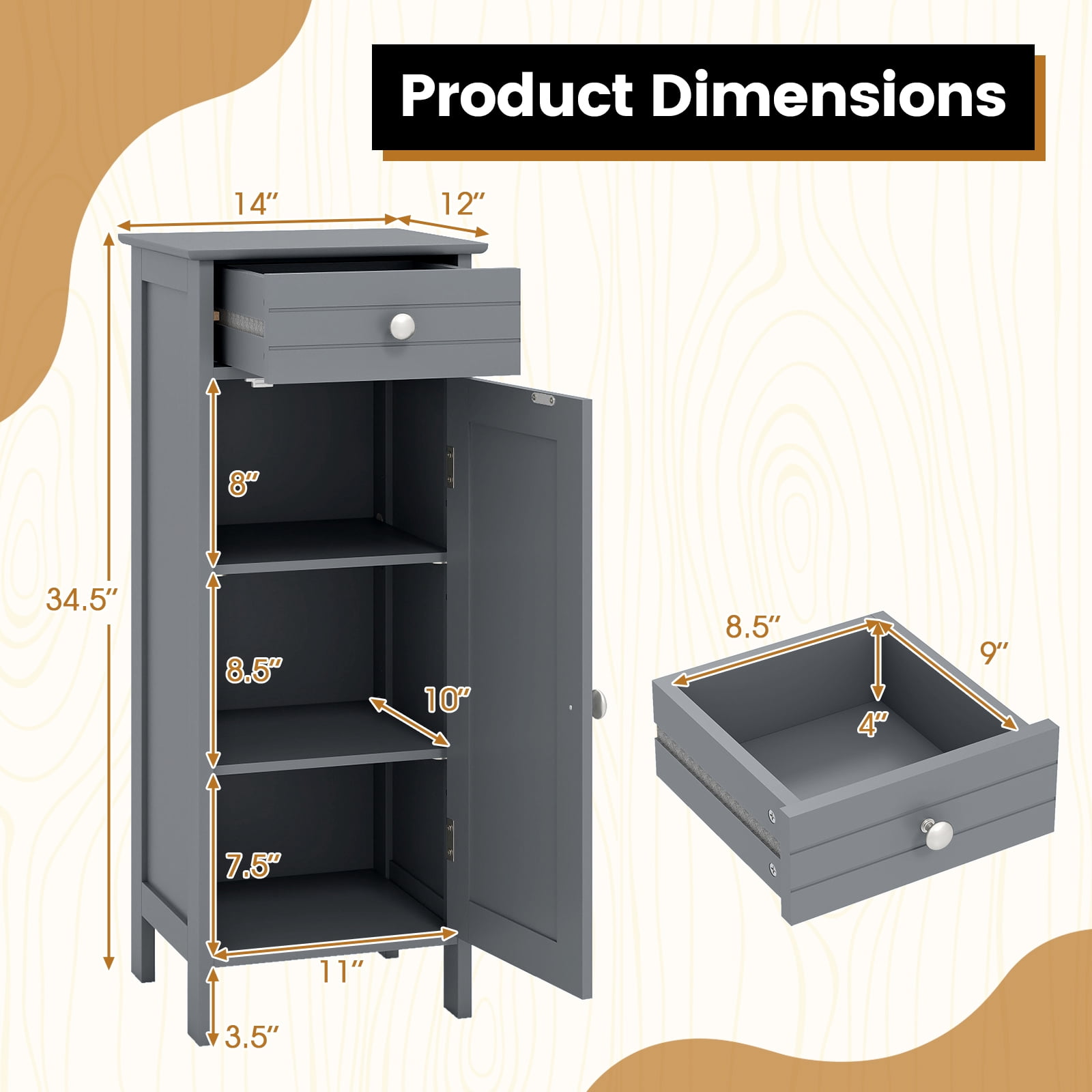 Costway Bathroom Storage Floor Cabinet Organizer Free-Standing w/ Drawer Grey