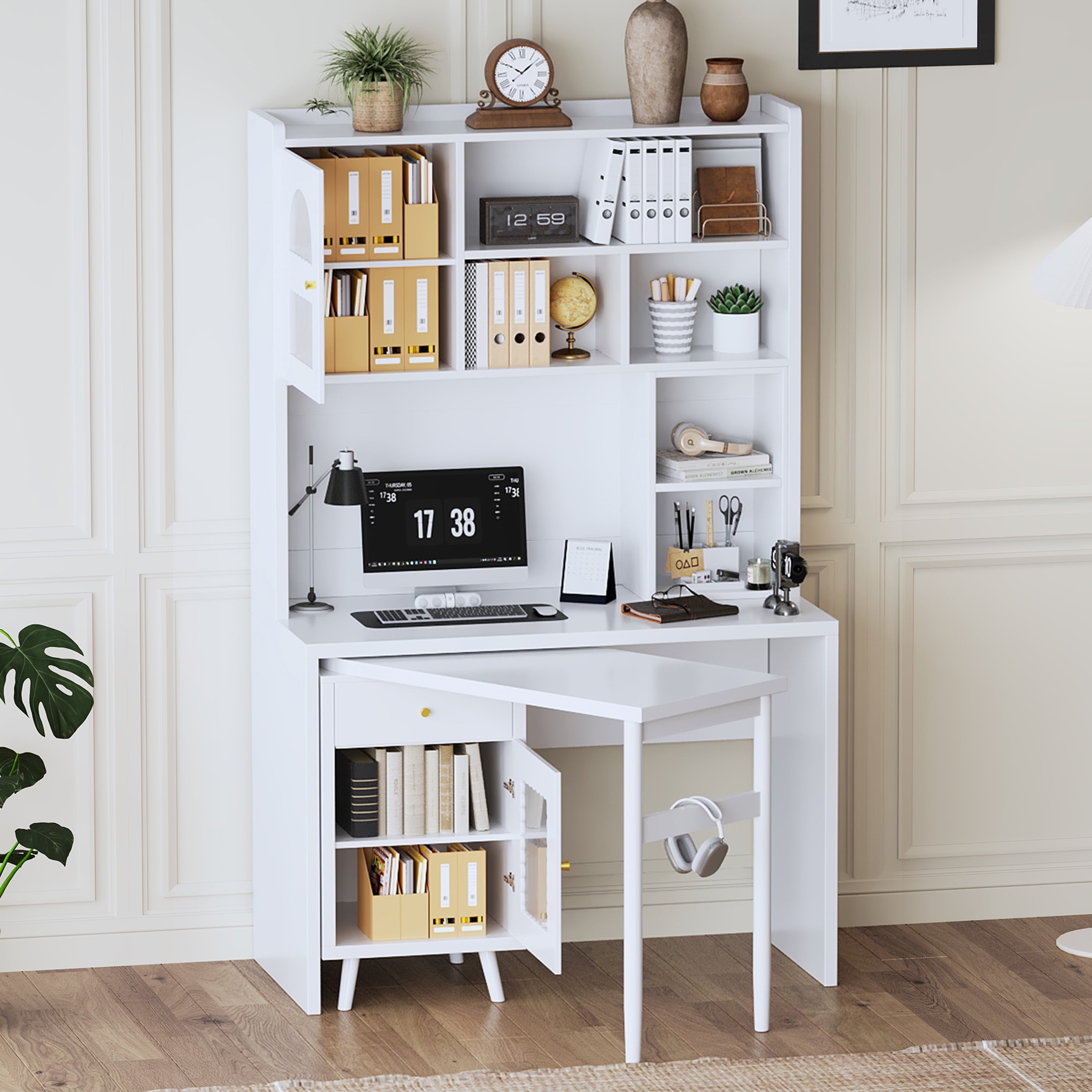 Euroco Rotating Computer Desk with Storage Cabinets, Shelves, and Drawer – 90° Swivel Desktop Writing Desk with Glass Doors