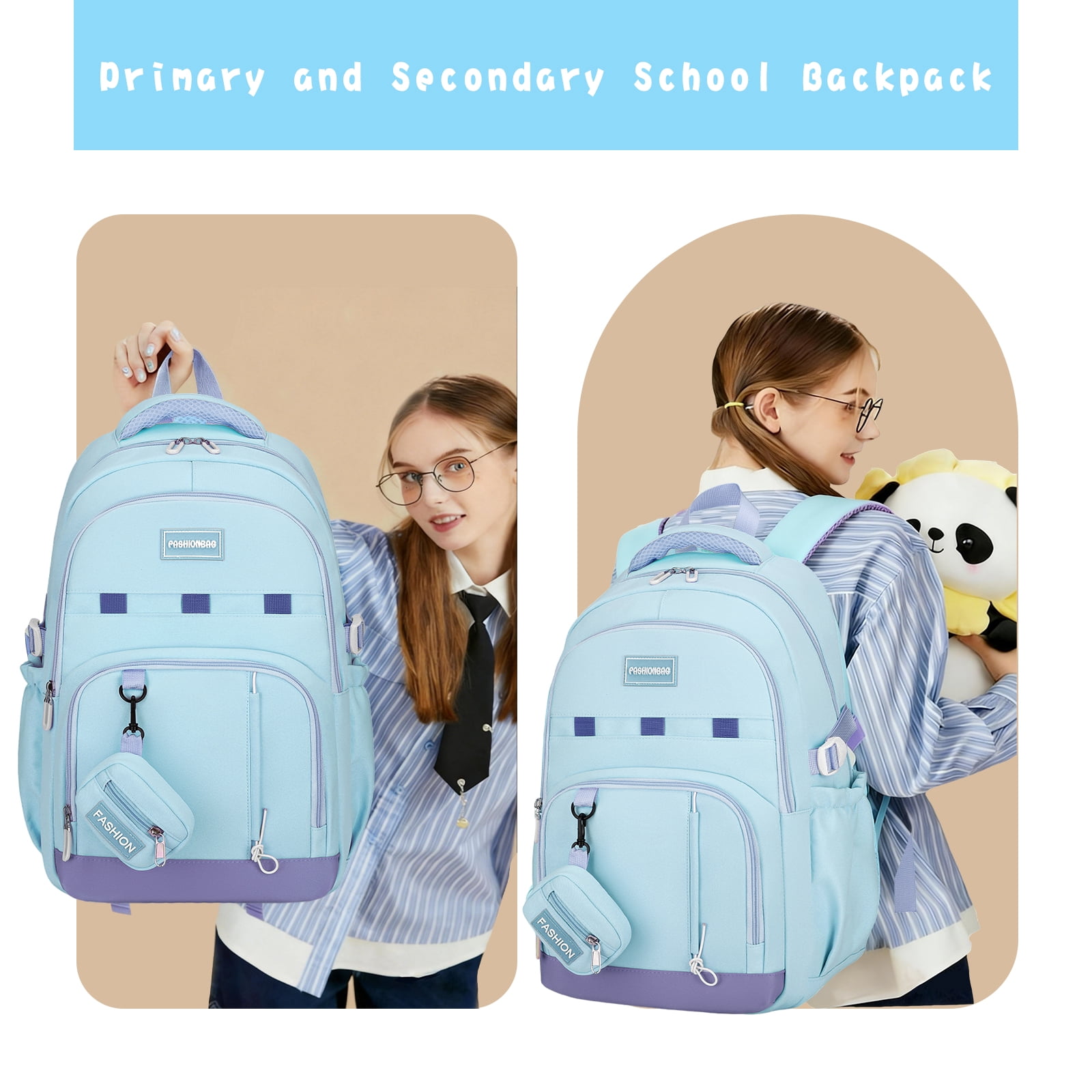 DAKIMOE School Backpack for College High Middle School Fashion Student Bag Cute Aesthetic Teen Bookbag for Teens Women Kids Girls Blue