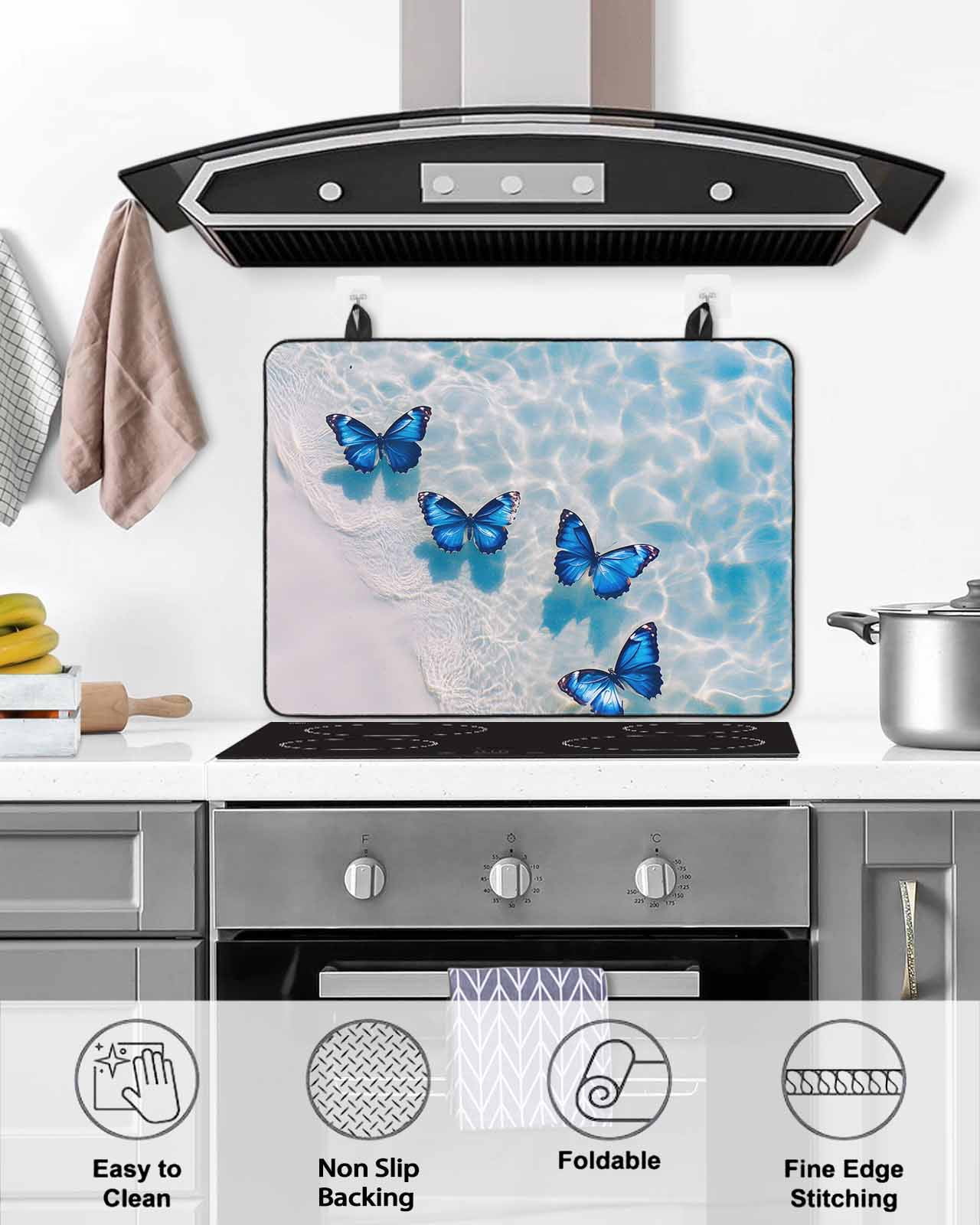 nqOlkjepod Large Induction Cooktop Protector Mat 24"x21", Blue Butterfly Coastal Stove Top Covers for Electric Stove, Summer Beach Ocean Wave Stove Burner Cover Mats, Glass Top Stove Cover