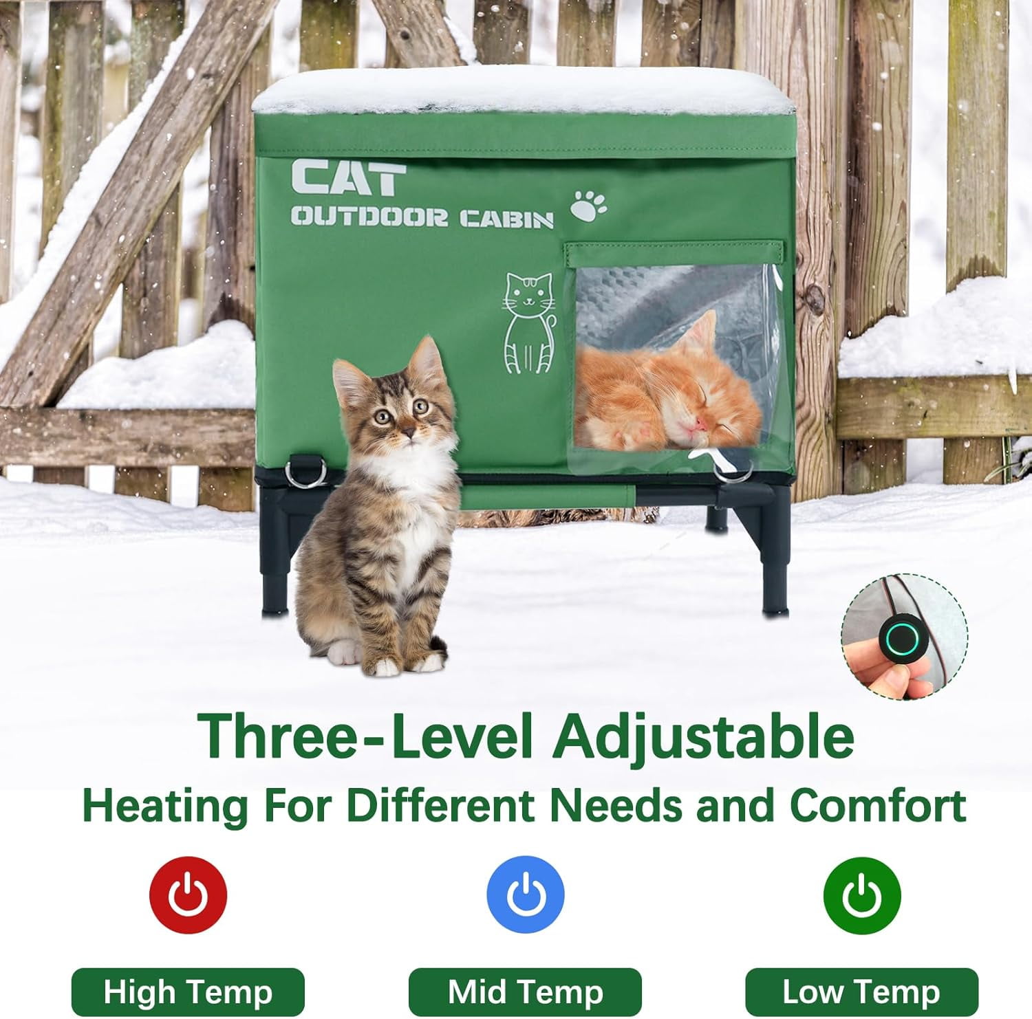 SLSY Heated Cat House for Winter, Outdoor Temperature Adjsutable Insulated Cat Shelter with Dual Safe Escape Doors & 2 Hook for Windproof, 100% Waterproof Heated Outdoor Cat Bed in Winter