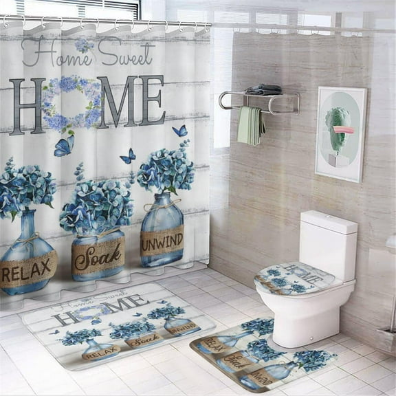 4PCS Shower Curtain Sets with Rugs Farmhouse Shower Curtain Neutral Rustic Country Shower Curtain Sets Rose Peony Shower Curtain Sets Bathroom Decor with Non-Slip Bath Mat Toilet Rug