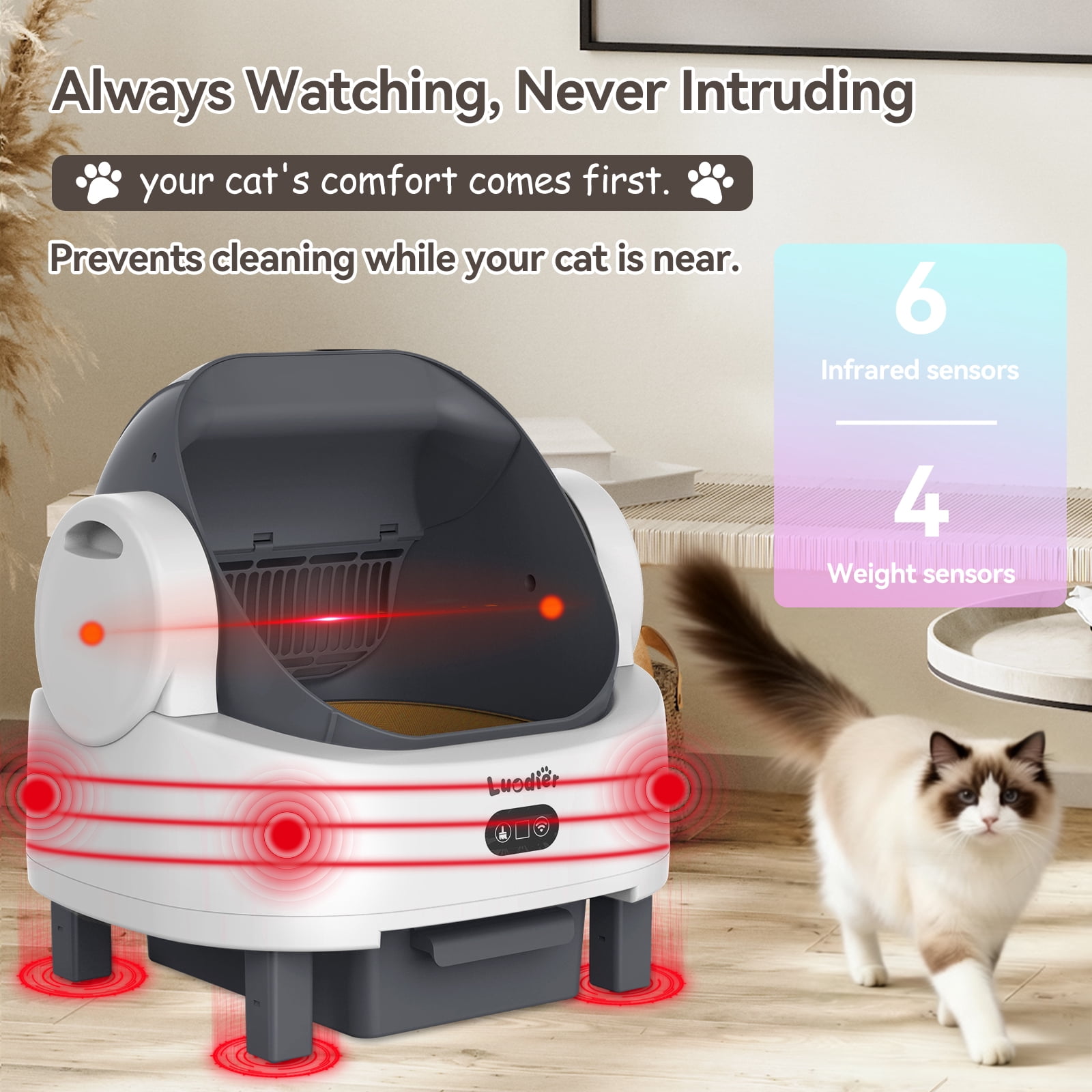 LUODIER Self-Cleaning Litter Box for Multiple Cats, Automatic Open-Top Smart Cat Litter Box with App Control & Odor Control, 12 Safety Sensors, Includes Waste Bags & Waterproof Mat, White