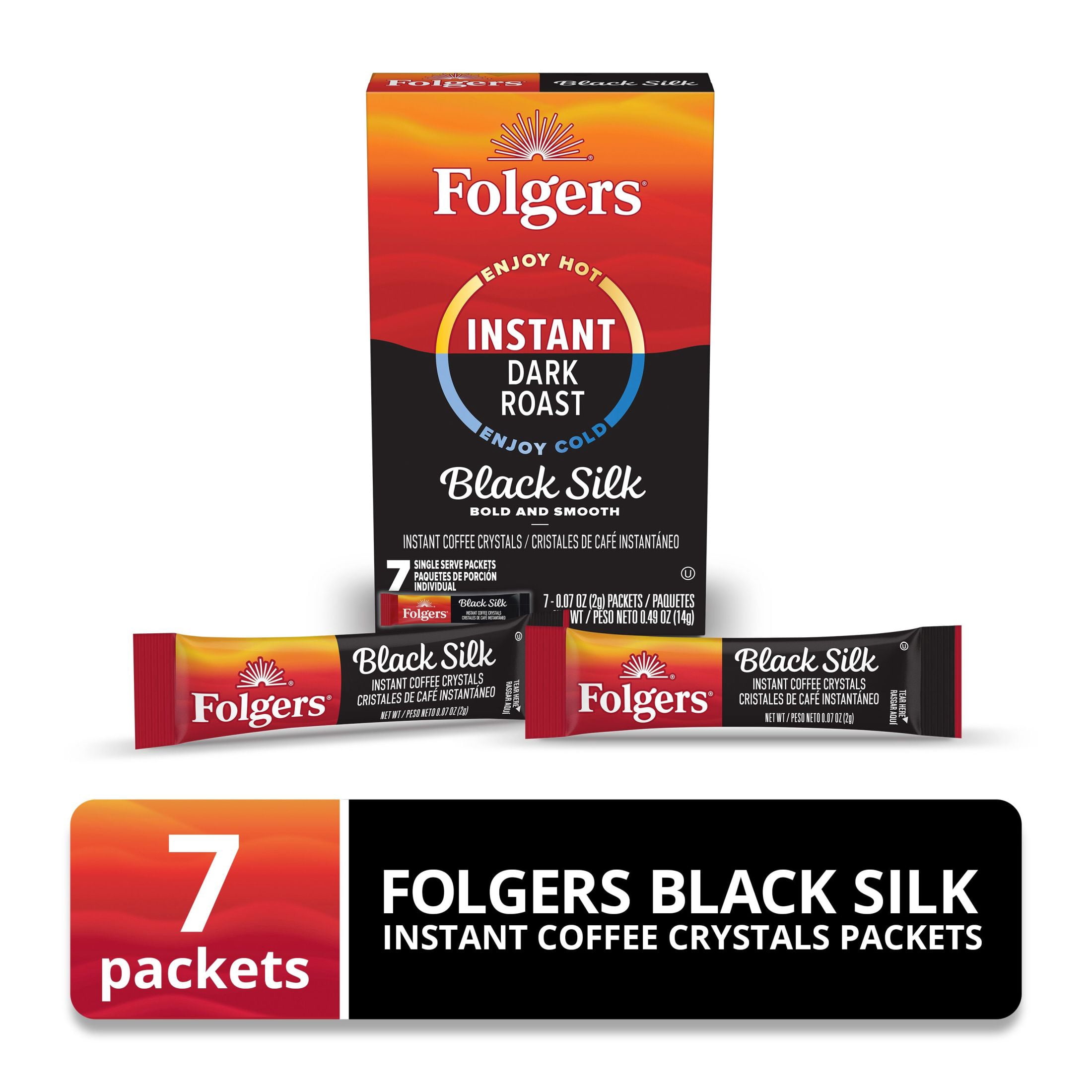 Folgers Black Silk Instant Coffee Crystals Single Serve Packets for Hot or Iced Coffee, 7 Count
