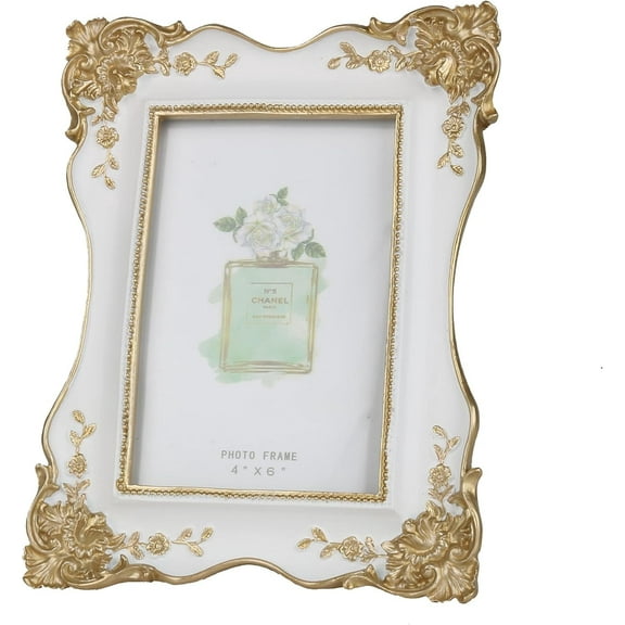4 x 6 Vintage Picture Frame Trim Antique Ornate Resin Photo Frame with Easel and Hook for Tabletop Wall Art Decor Display Home Office(White)