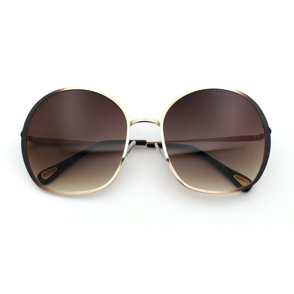 Womens Oversized Round Metal Rim Fashion Luxury Sunglasses Gold Brown - Brown