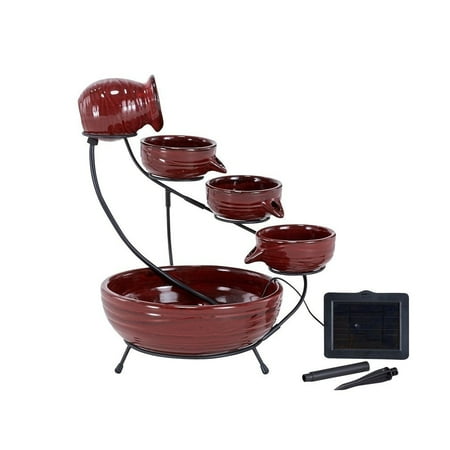 Decorative Fountain, Lava Red Ceramic Cascade Powered Water Solar Fountain Pump