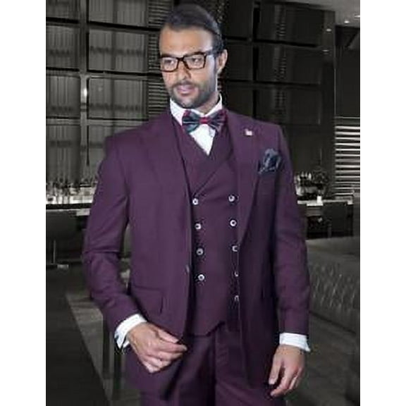 Statement Wool Suit Mens 3 Piece Burgundy Double Breasted Vest Florence