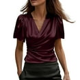 thumbnail image 2 of Vmvidoty Pleated Blouses for Women Dressy Satin Tops Business Work Shirts V Neck Summer Outfits Wine XL, 2 of 7