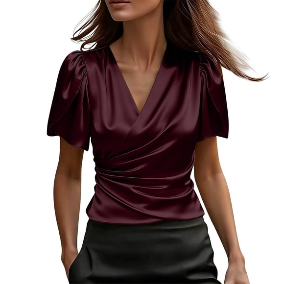 BLVB Satin Blouses for Women Short Petal Sleeve Silk Shirts Wrap V Neck Ruched Elegant Business Casual Tops