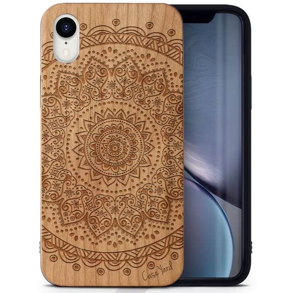 Case Yard Wooden Case Outside Soft TPU Silicone, Slim Fit Shockproof Wood Protective Phone Cover for Girls Boys Men and Women, Supports Wireless Charging Mandala 2 Design case for iPhone-XR