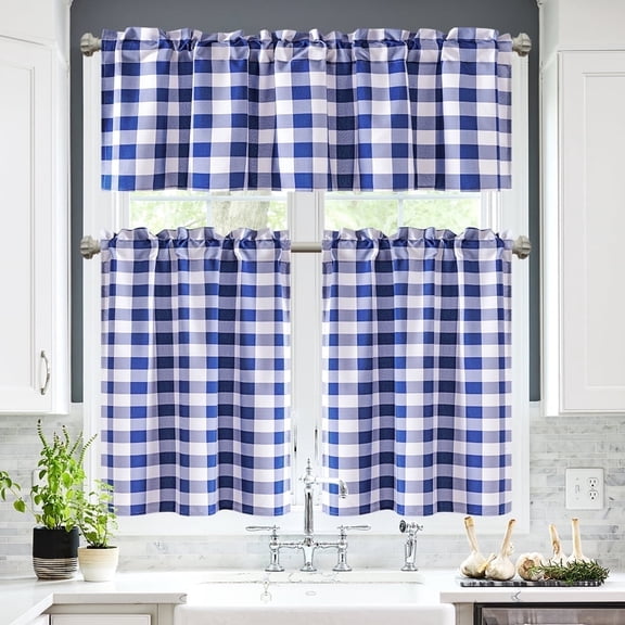XWZO Short Kitchen Curtains 3 Pieces Set, Semi Sheer Light Filtering Checkered Tier and Valance Window Curtains Set, Royal Blue, 52W x 18L (1 Panel) 26W x 36L (2 Panels)