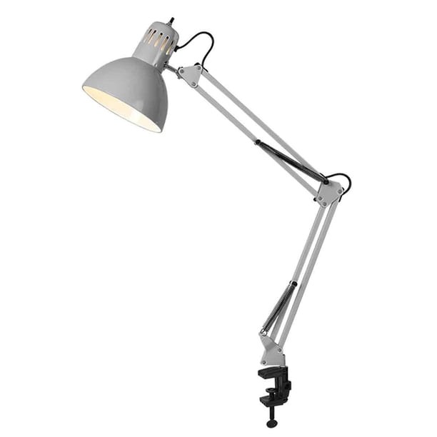 Lámpara de escritorio de metal sólido gris brillante con clip en C ajustable, brazo flexible que alcanza 18 pulgadas para una iluminación dirigida, diseñada como un elemento esencial moderno para uso