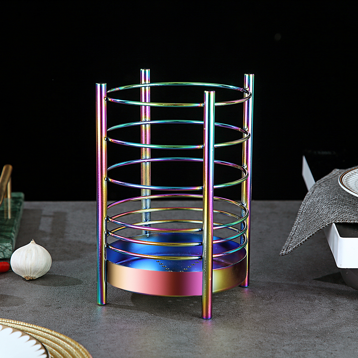 Just Houseware Rainbow Stainless Steel Utensil Holder, Cooking Utensil Organizer with Drain Holes, Extra Large Kitchen Utensil Holders for Countertop