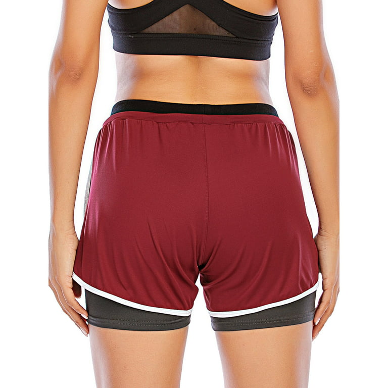 Women's Running Shorts with Pockets High Waisted Athletic Workout Gym  Shorts for Women with Liner, Dark Red, XS